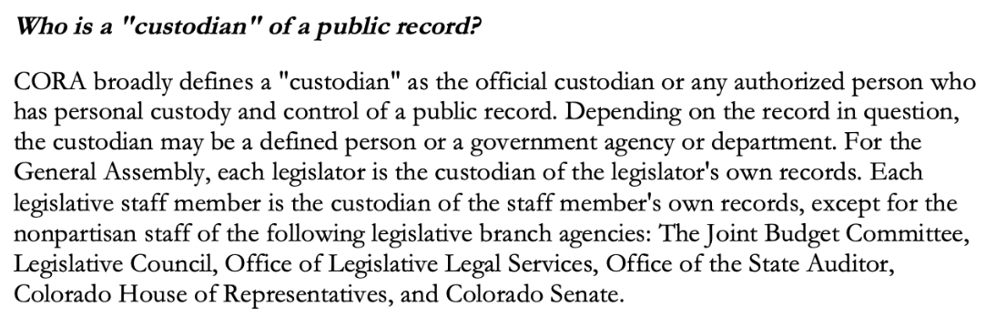 Colorado Legislature - Office of Legislative Legal Services definition of a records custodian